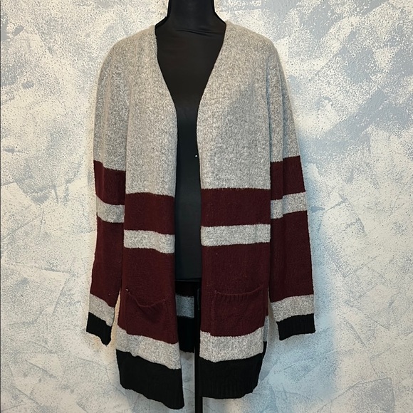 Absolutely Famous Gray and Red Color Block Cardigan Sweater - Picture 1 of 7
